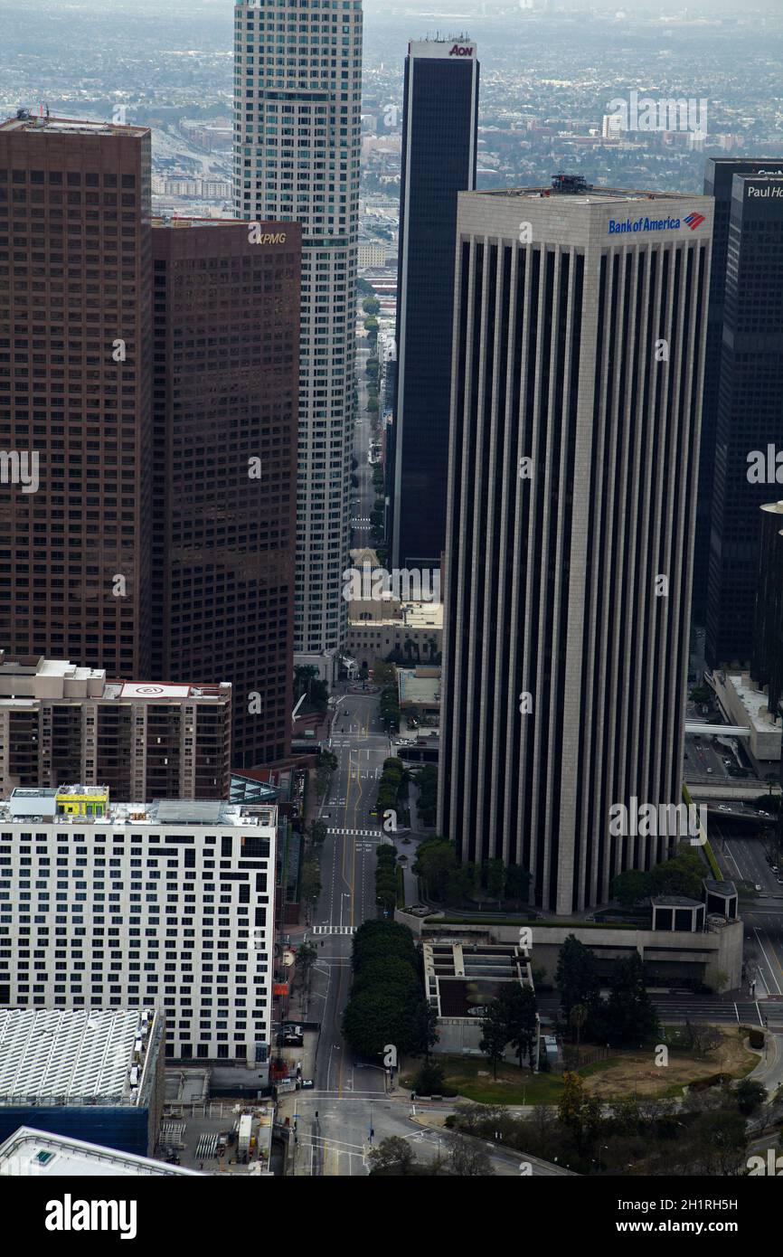 Antenna di South Hope St e grattacieli, centro di Los Angeles, California, USA Foto Stock