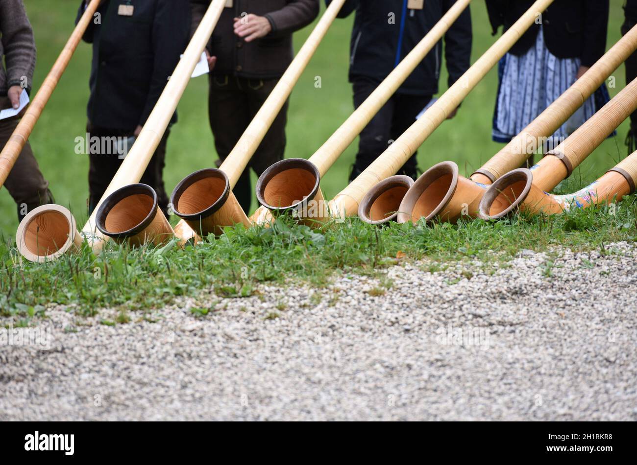 Das 'Alphorn' ist ein mehrere Meter langes hölzernes Musikinstrument - il 'Alphorn' è uno strumento musicale di legno lungo diversi metri Foto Stock