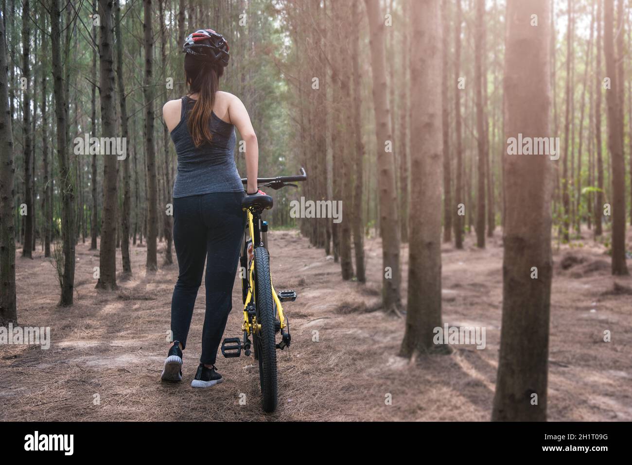 Indietro giovane donna casco prendere bicicletta a foresta su estate con spazio per la copia Foto Stock