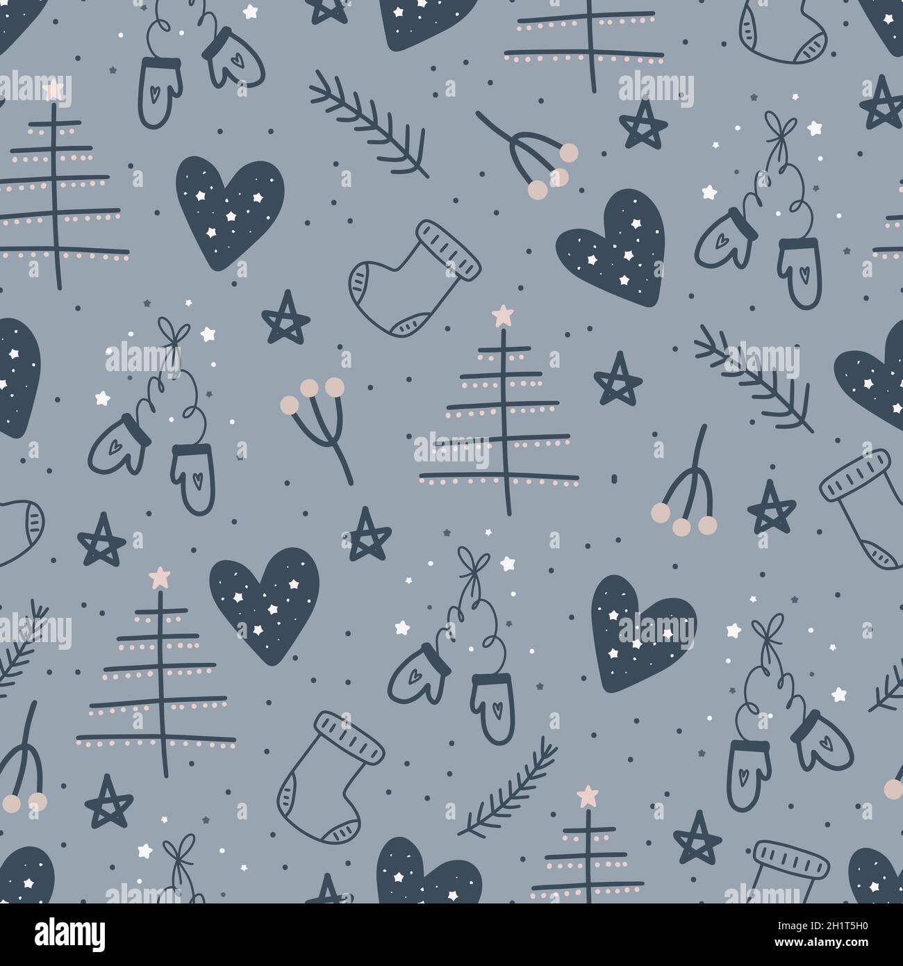 Natale e felice anno nuovo senza cuciture modello con mittens, rami di abete e bacche, alberi di Natale. Modello di disegno vettoriale. Carta digitale. Illustrazione Vettoriale