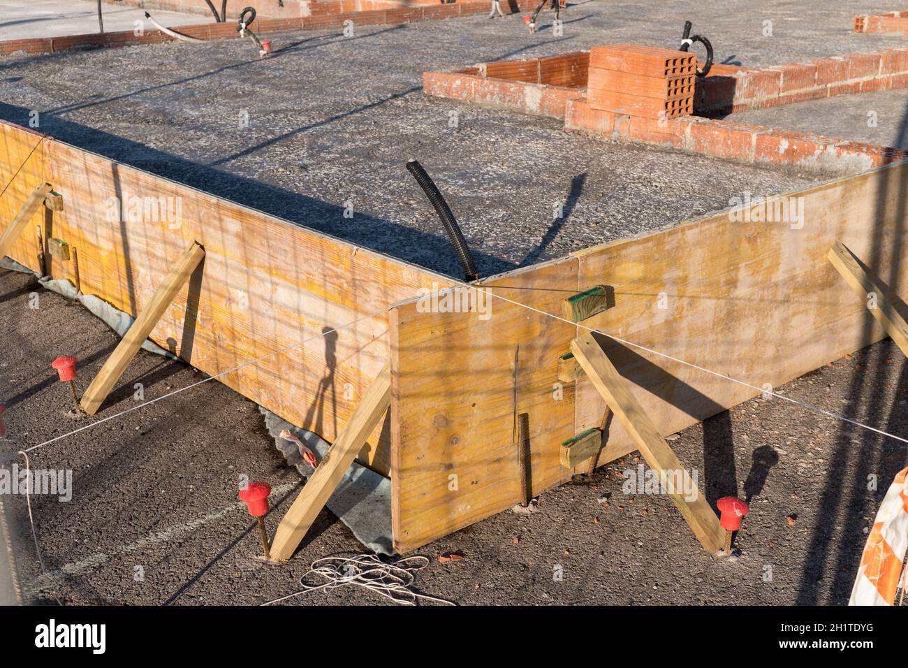 soletta cassaforma pavimento in calcestruzzo, con legno e ferri da stiro Foto Stock