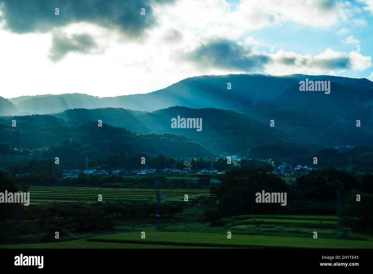 Immagine rurale luce del tramonto si riferisce. Luogo di tiro: Prefettura di Fukushima Foto Stock