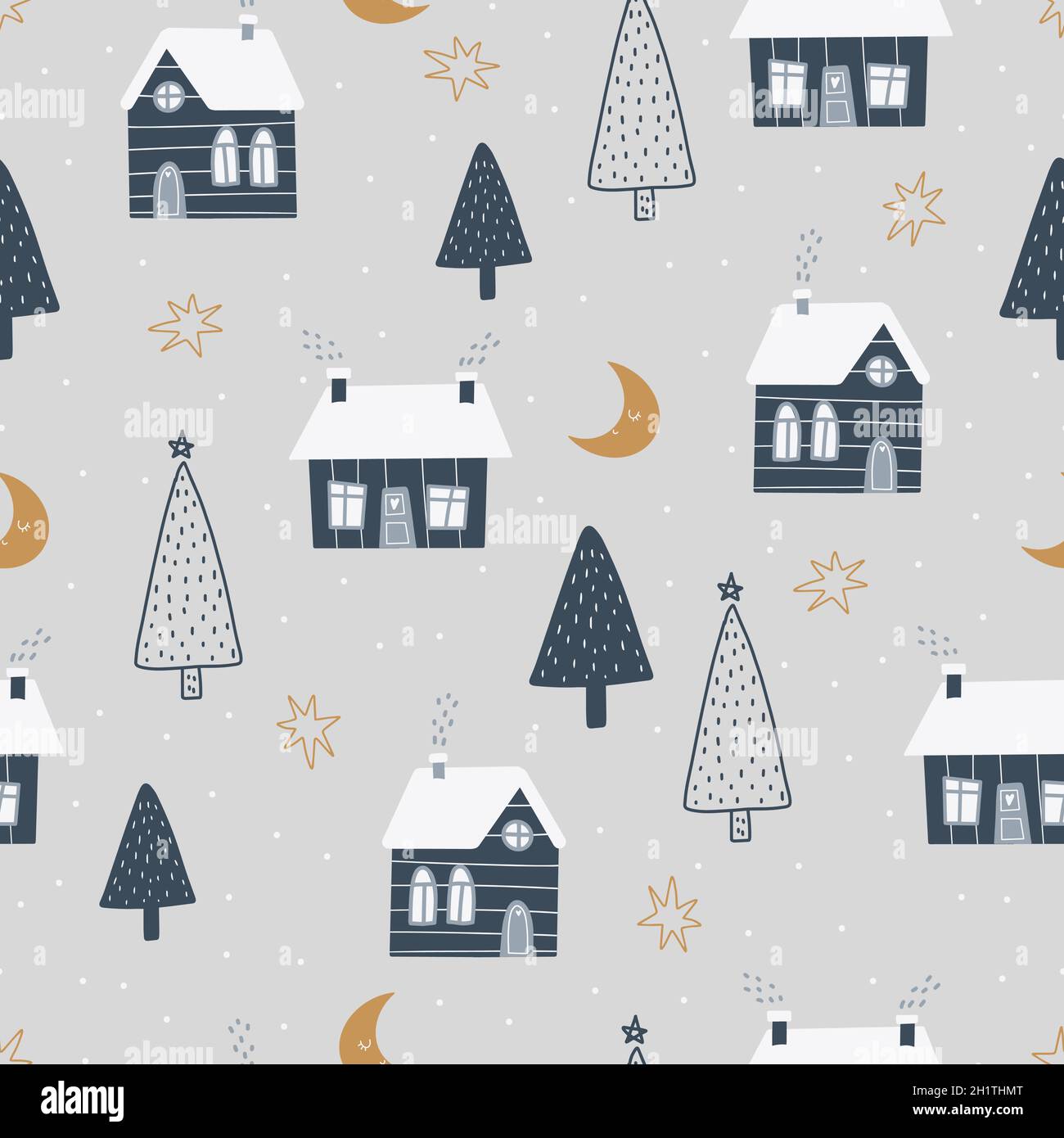 Simboli di Natale e Capodanno con casa d'inverno e alberi di Natale scandinavi disegno a mano senza cuciture. Stampa carino vettoriale. Carta digitale. Desig Illustrazione Vettoriale