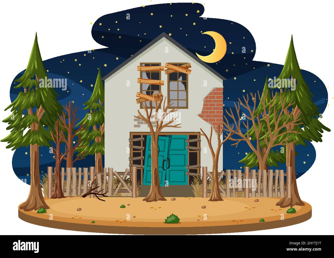 Isolato vecchia casa rotta in illustrazione rurale Illustrazione Vettoriale