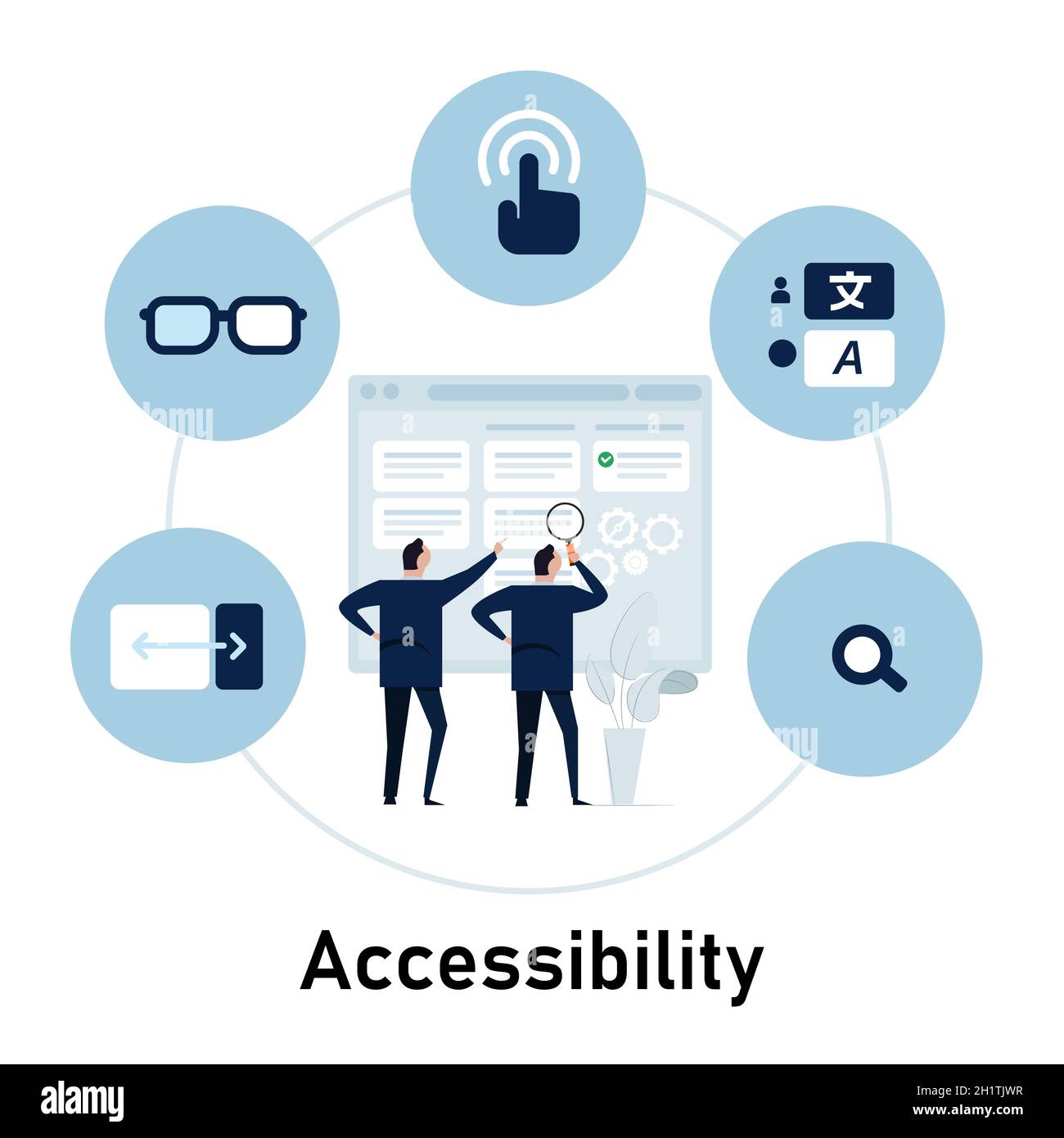 accessibilità web accesso di informazioni per disabili persone da occhi visibilità diverse condizioni rendono leggibile software applicativo Illustrazione Vettoriale