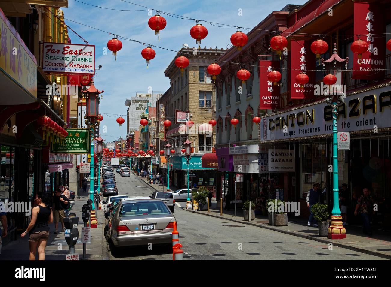 Street decorations, Chinatown, San Francisco, California, Stati Uniti. Foto Stock
