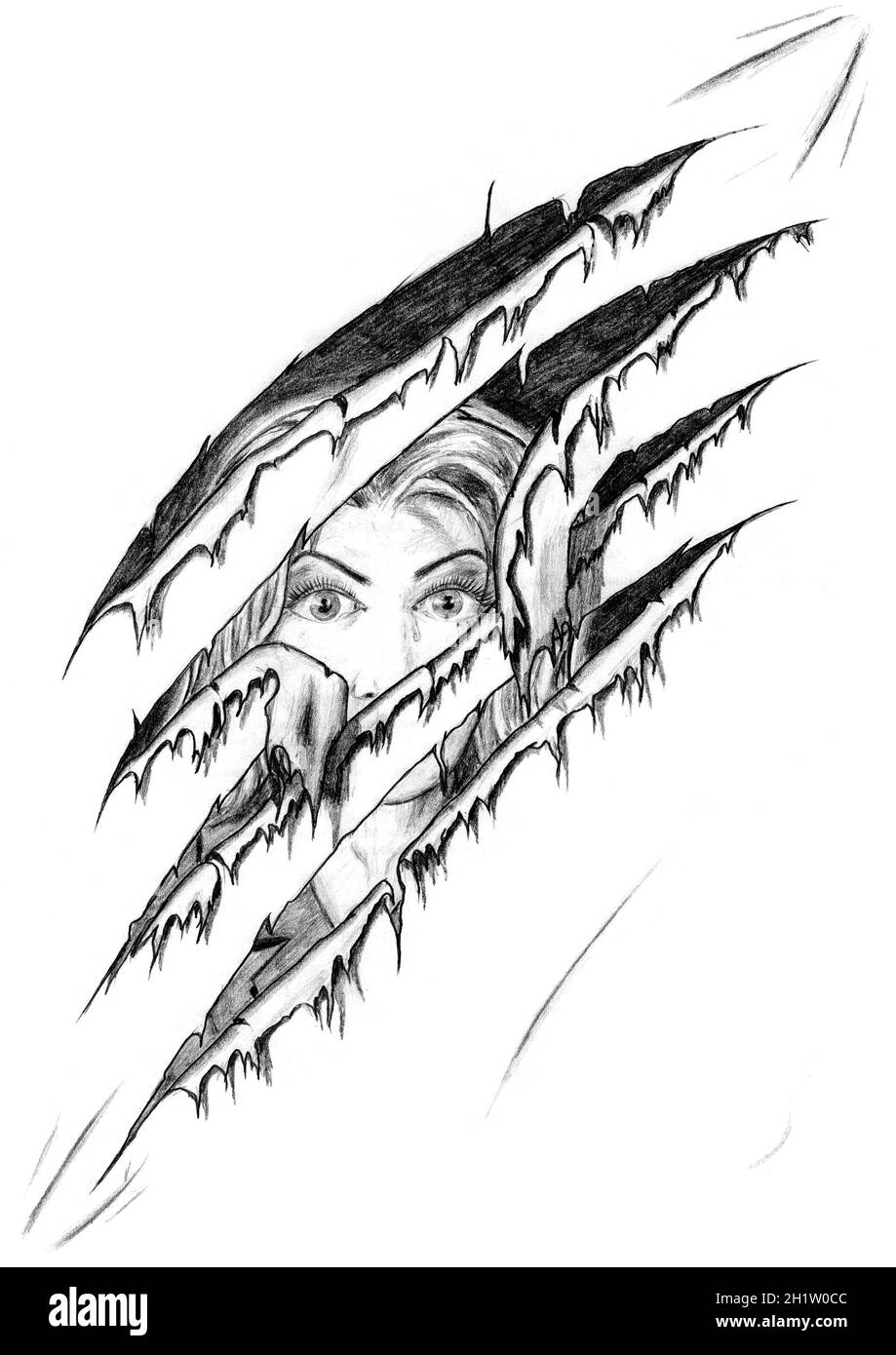 Il viso di una donna grida sulle cicatrici strappate sulla pelle. Carta strappata. Disegno a matita in bianco e nero su carta. Surrealismo è un'idea creativa inventata, Foto Stock