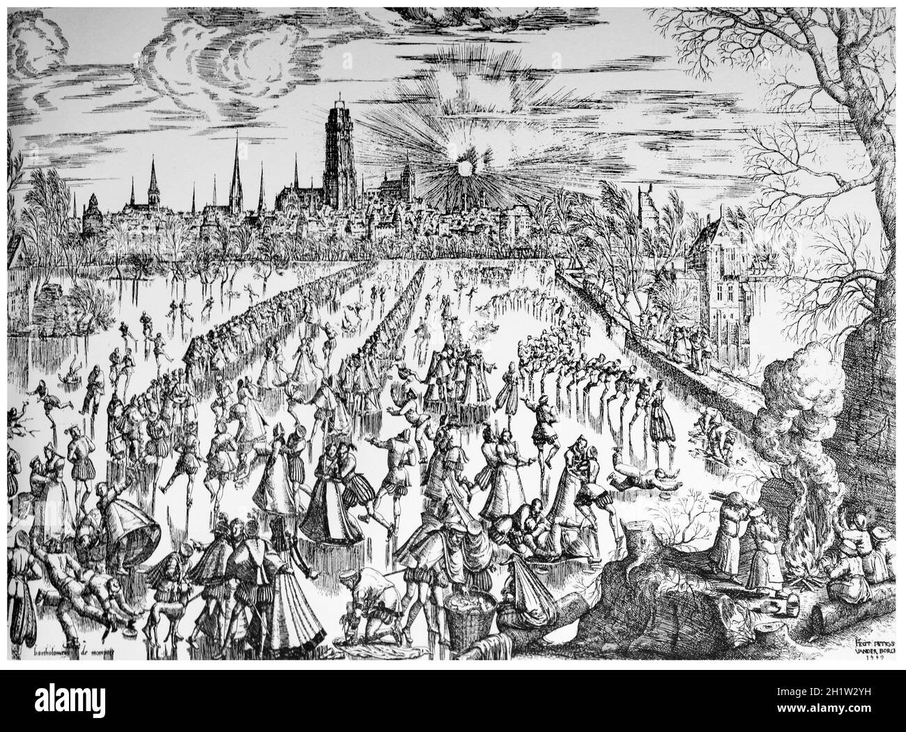 Pattinaggio su ghiaccio a Mechelen nel 16 ° secolo. Pieter van der Borcht il Vecchio, 1559 Foto Stock