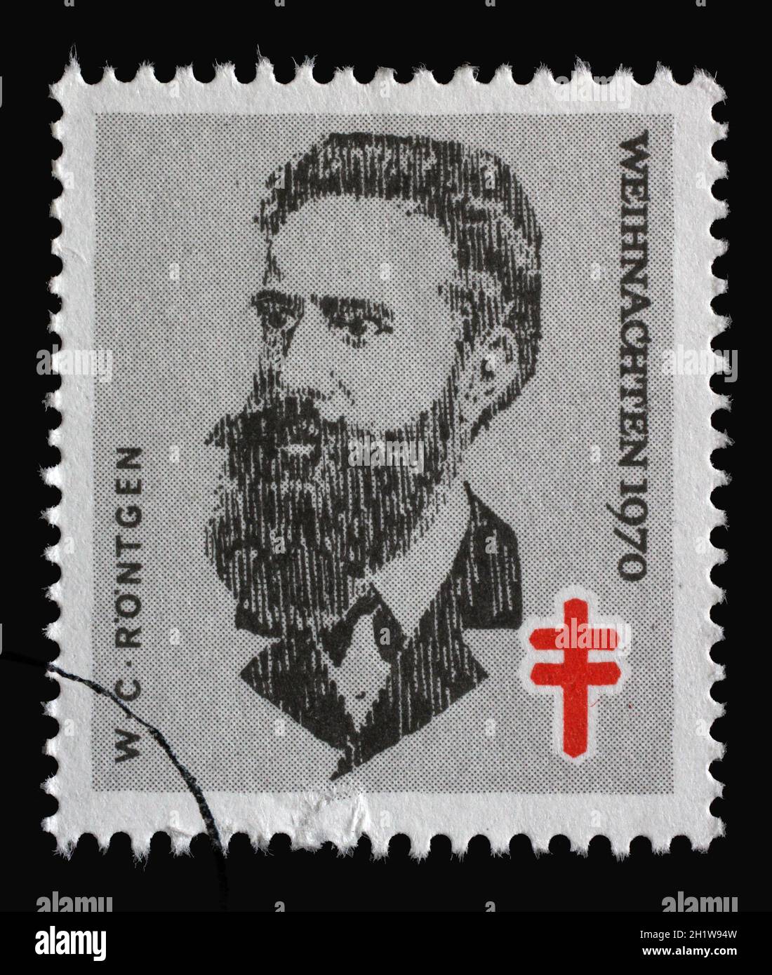 Il francobollo stampato in Germania mostra il ritratto di Wilhelm Conrad Röntgen, Natale 1970, circa 1970 Foto Stock
