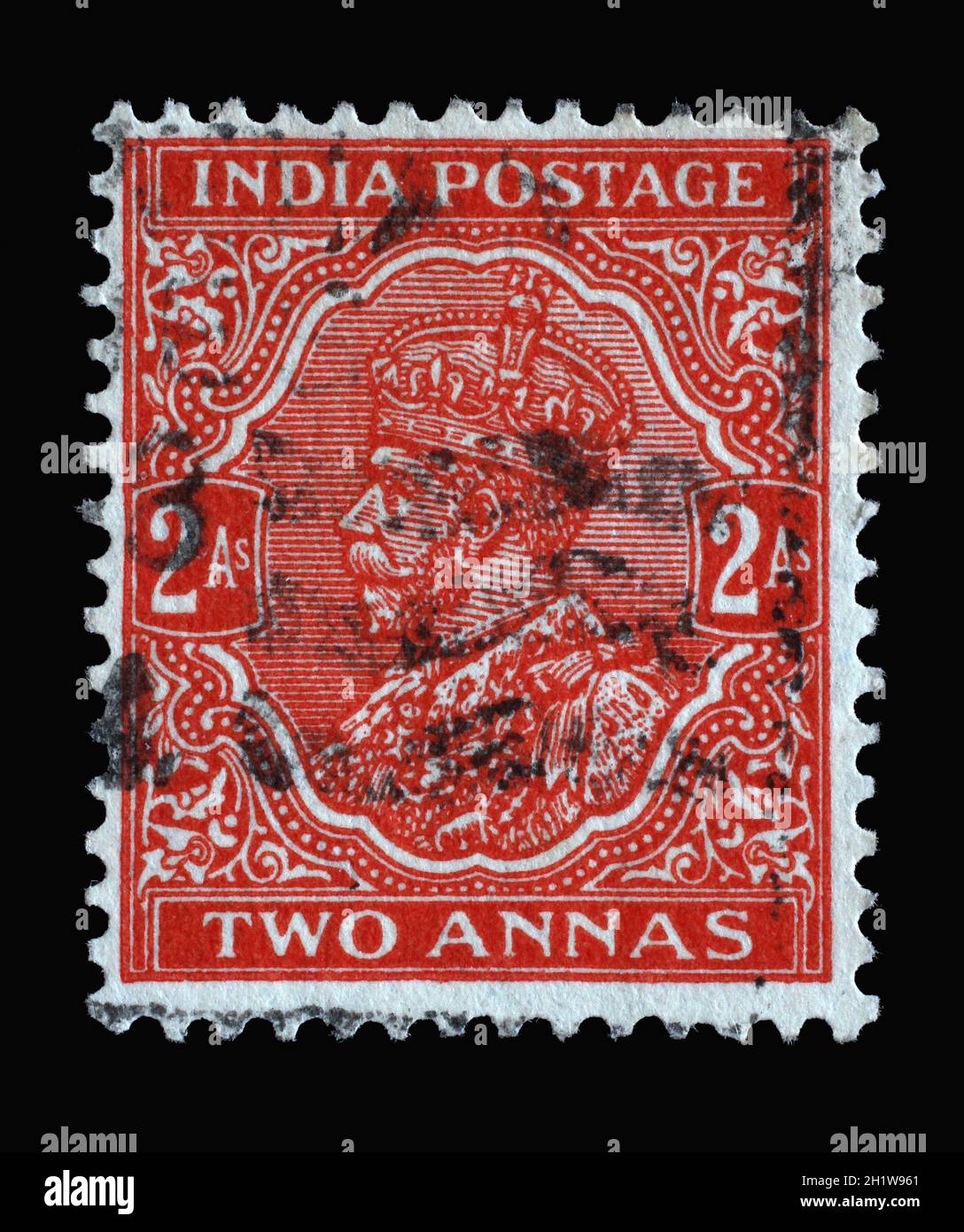 Il francobollo stampato in India mostra Re Giorgio V con la corona dell'imperatore indiano, serie Definitives (1926-36), 2 Anna indiana, circa 1934 Foto Stock