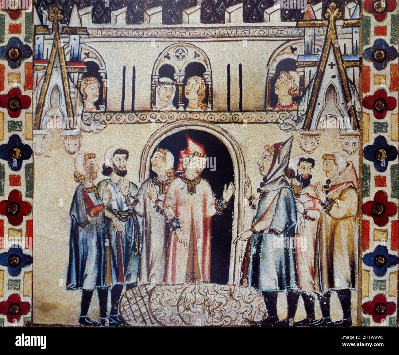 Scena medievale spagnola del commercio della lana. Negoziazione dei prezzi. Cantigas de Santa Maria ispirato da Alfonso X di Castiglia, El Sabio. Biblioteca El Escorial Foto Stock