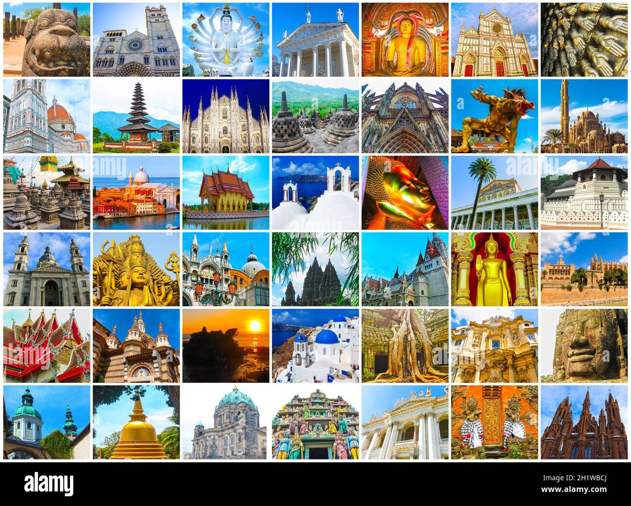 Mondo di monumenti religiosi - collage di diverse religioni di Bali, Thailandia, Cambogia in Asia e Florens, Spagna, Santorini, Venezia in Europa Foto Stock