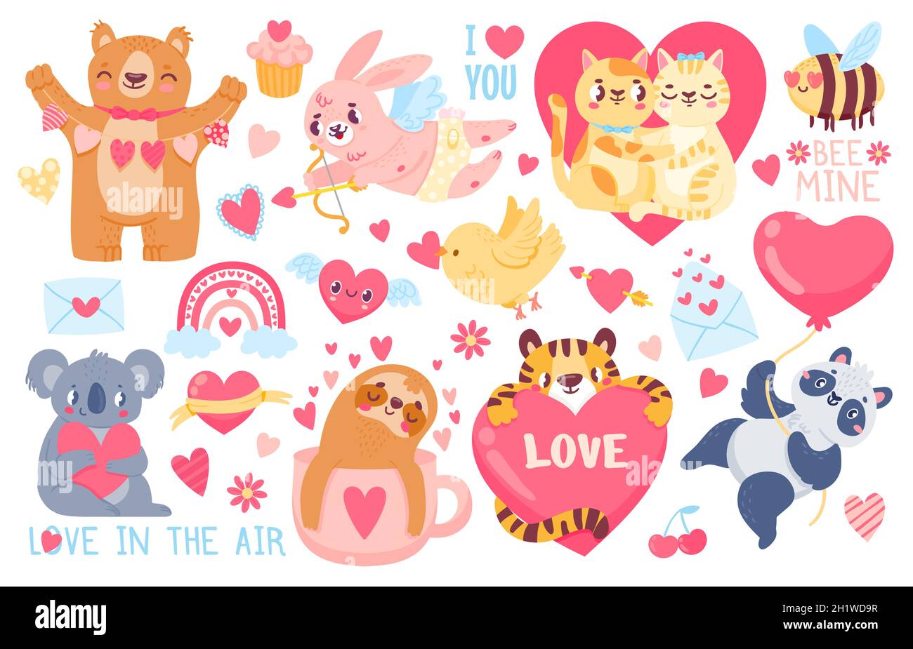Animali da giorno di San Valentino. Cupido coniglietto, gatti animali domestici amore coppia abbraccio, tigre, koala e panda con i cuori. Happy valentines simpatico set di adesivi vettoriali Illustrazione Vettoriale