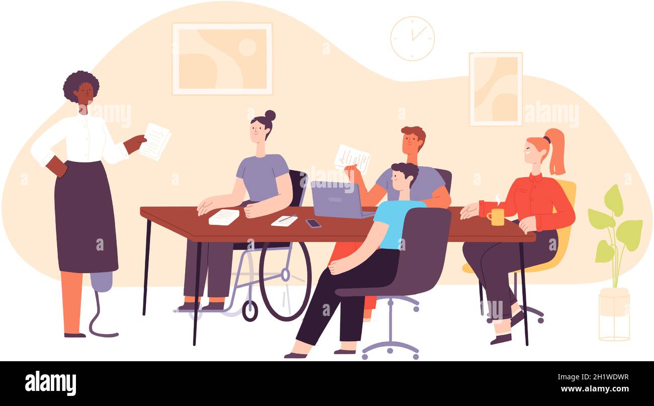 Un ambiente di lavoro d'ufficio inclusivo con persone diverse durante le riunioni d'affari. Gruppo di lavoro con concetto di vettore di conversazione tra dipendenti disabili e multiculturali Illustrazione Vettoriale