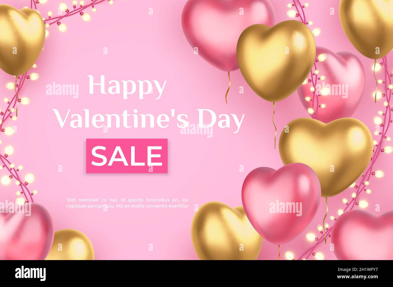 Poster di vendita del giorno di San Valentino con palloncini a cuore e luci di ghirlanda. 3d realistico amore vacanza rosa e cuori d'oro, sconto vettore banner Illustrazione Vettoriale