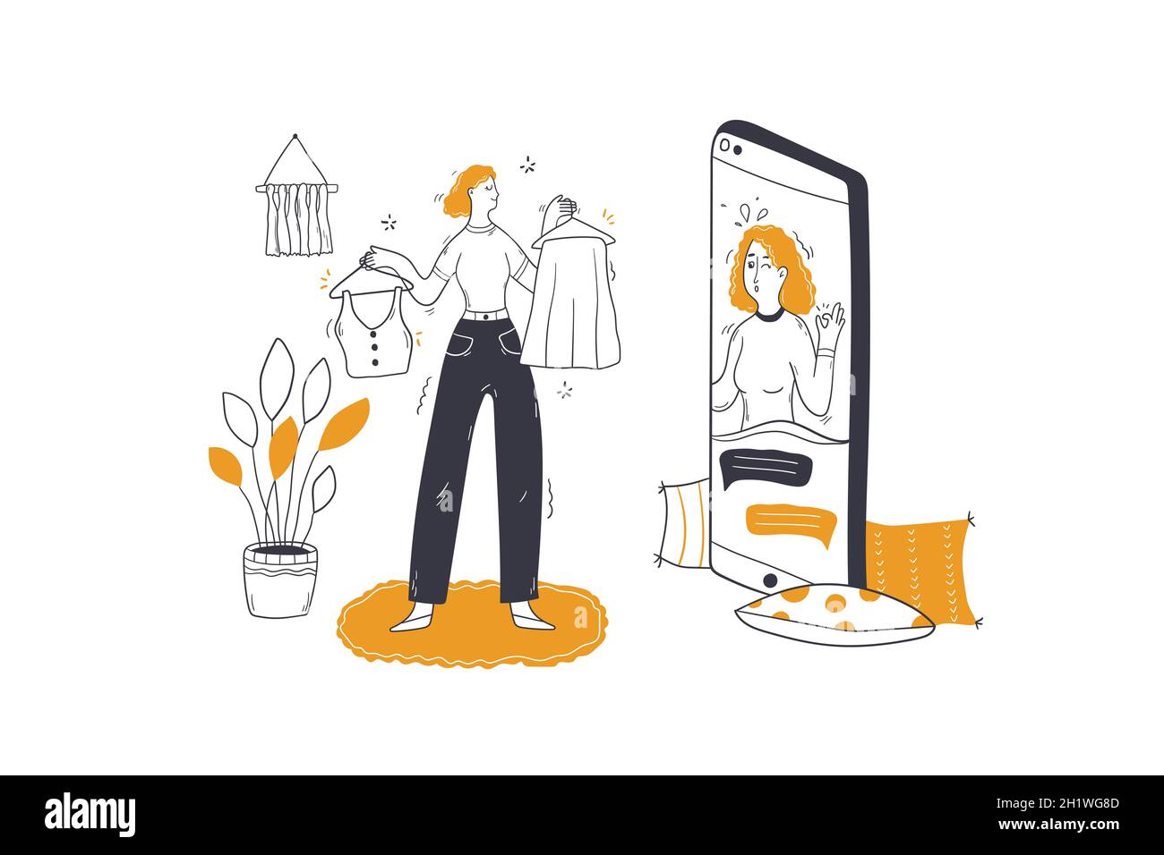 Bellezza, moda, concetto di consulenza shopping. Donna personale stilista cartoon personaggio consulenza cliente cliente online. Scelta di analisi guardaroba di Foto Stock