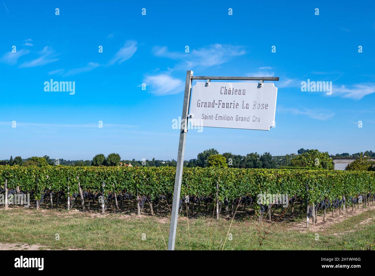 Un segno che indica i vigneti della Château Grand-Faurie la Rose nel distretto viticolo AOC Saint-Émilion, Francia meridionale Foto Stock