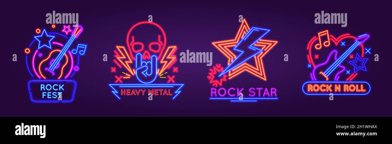 Cartelli luminosi al neon per il festival rock, il logo della band o del club. Cartello luminoso per il rock n roll party con teschio punk e chitarre vettoriali set Illustrazione Vettoriale