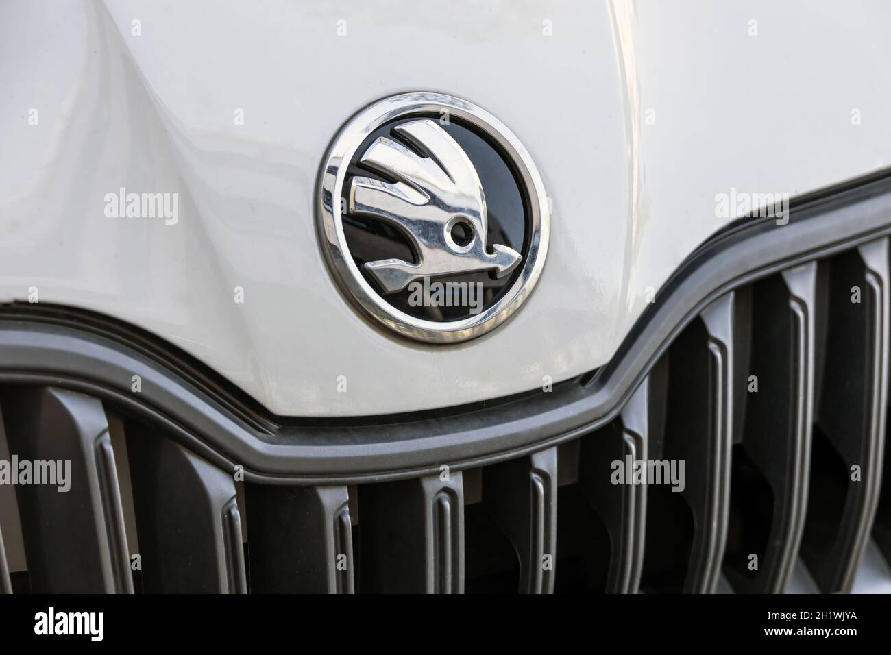 OBERURSEL, GERMANIA 2021-04-27: Dettaglio DEL LOGO SKODA Auto. Simbolo del produttore e produttore di automobili cechi. Foto Stock