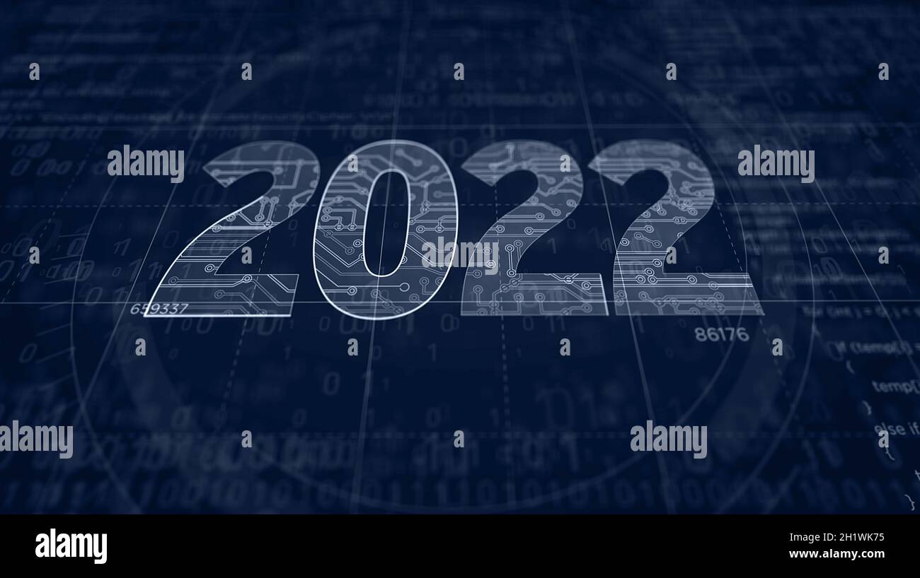 creazione di un progetto con un numero di anni di 2022. Concetto astratto illustrazione 3d. Disegnare una linea di schemi digitali di nuova idea futuristica. Foto Stock
