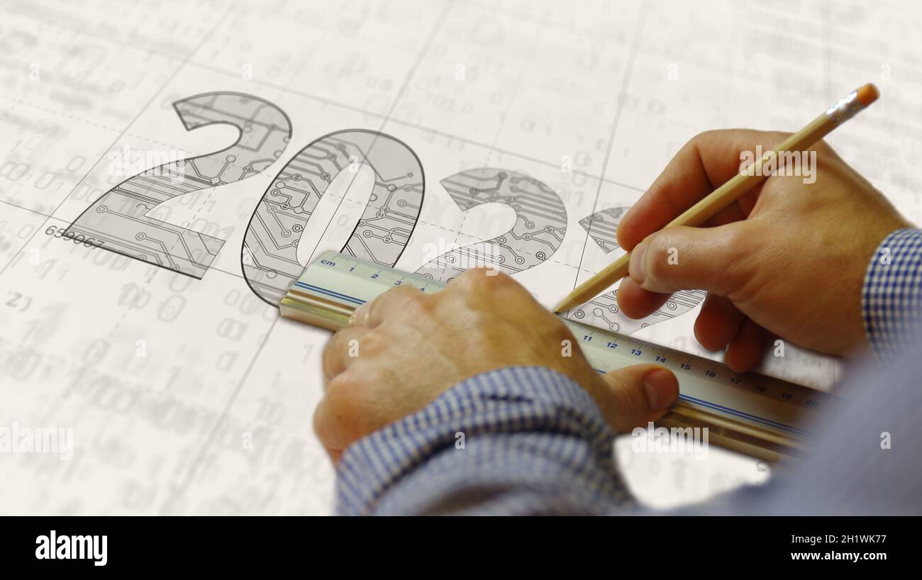 creazione di un progetto con un numero di anni di 2022. Concetto astratto illustrazione 3d. Disegnare una linea di schemi digitali di nuova idea futuristica. Foto Stock