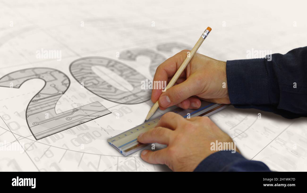 creazione di un progetto con un numero di anni di 2022. Concetto astratto illustrazione 3d. Disegnare una linea di schemi digitali di nuova idea futuristica. Foto Stock
