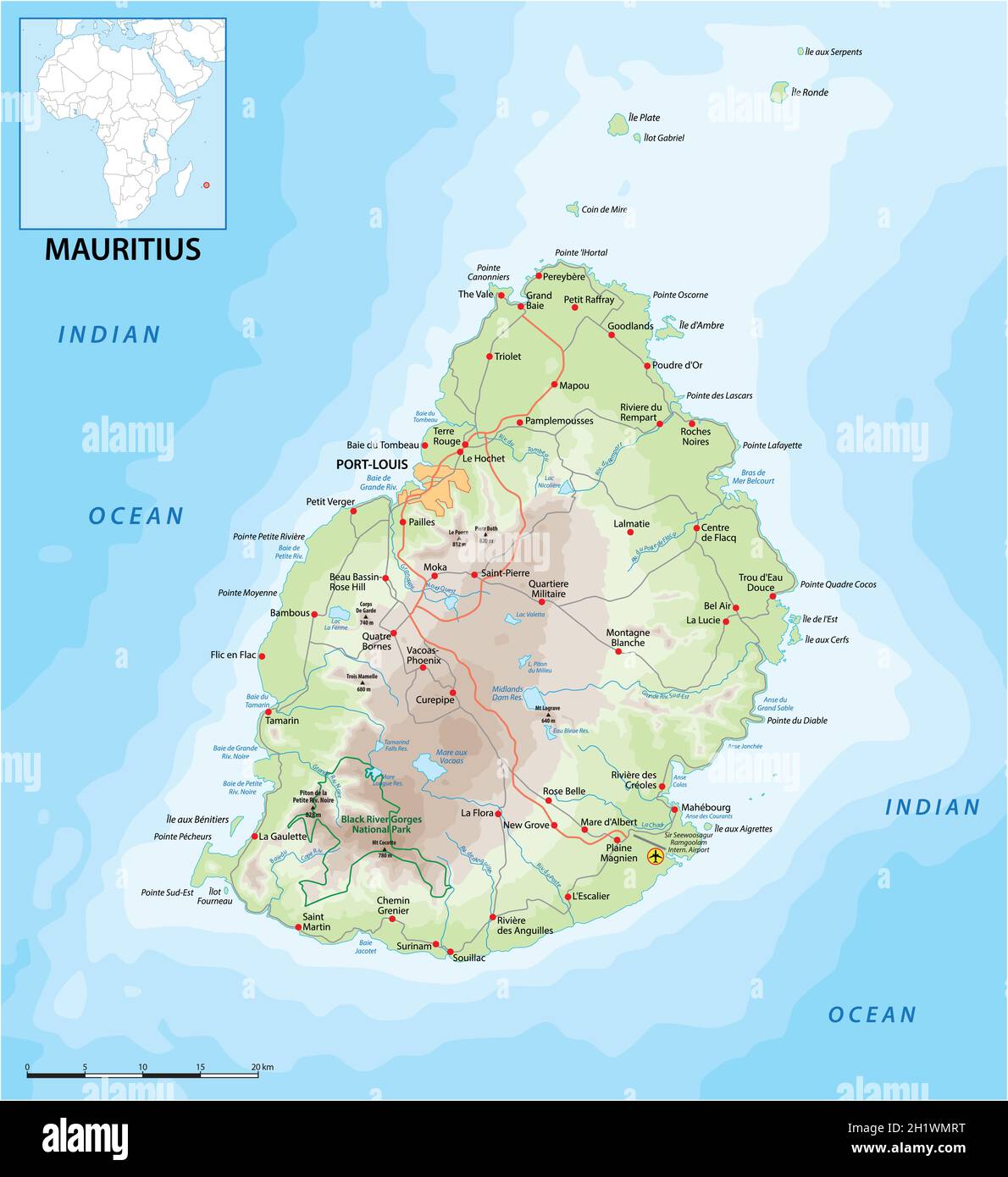 mappa stradale di vektor dello stato dell'isola di Mauritius nell'Oceano Indiano Illustrazione Vettoriale