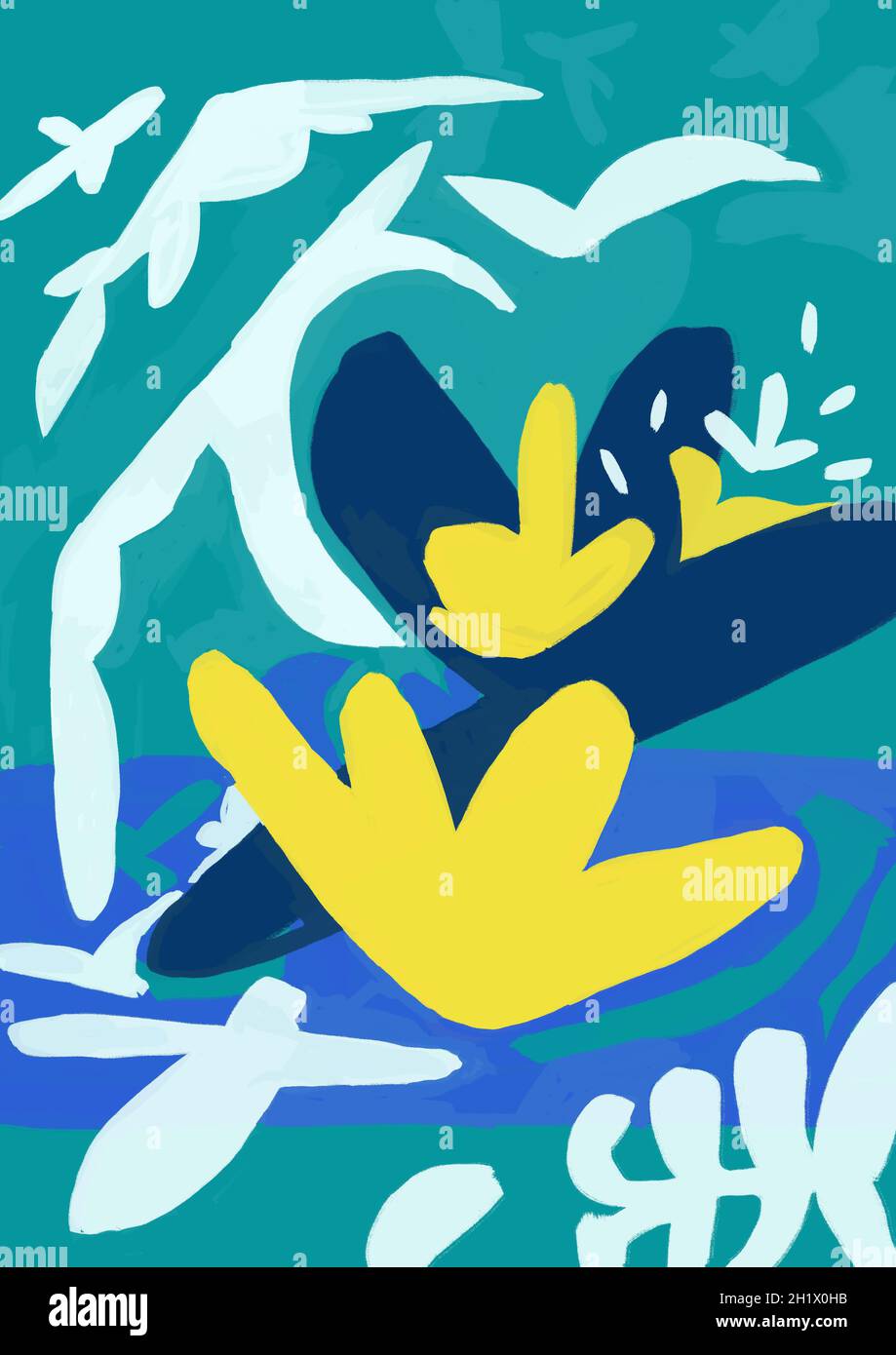 ispirato ai poster degli anni '50. Pittura dalla forma semplice e minimalista, rappresentazione di fiori, nubi e ninfee, elemento piacevole Foto Stock