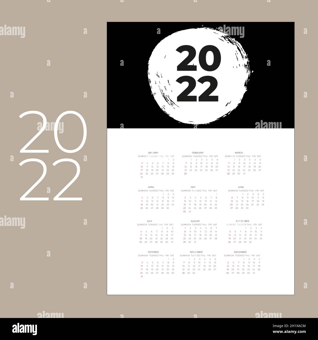 Modello di calendario per 2022 anni. Agenda Planner in stile minimalista. Illustrazione Vettoriale