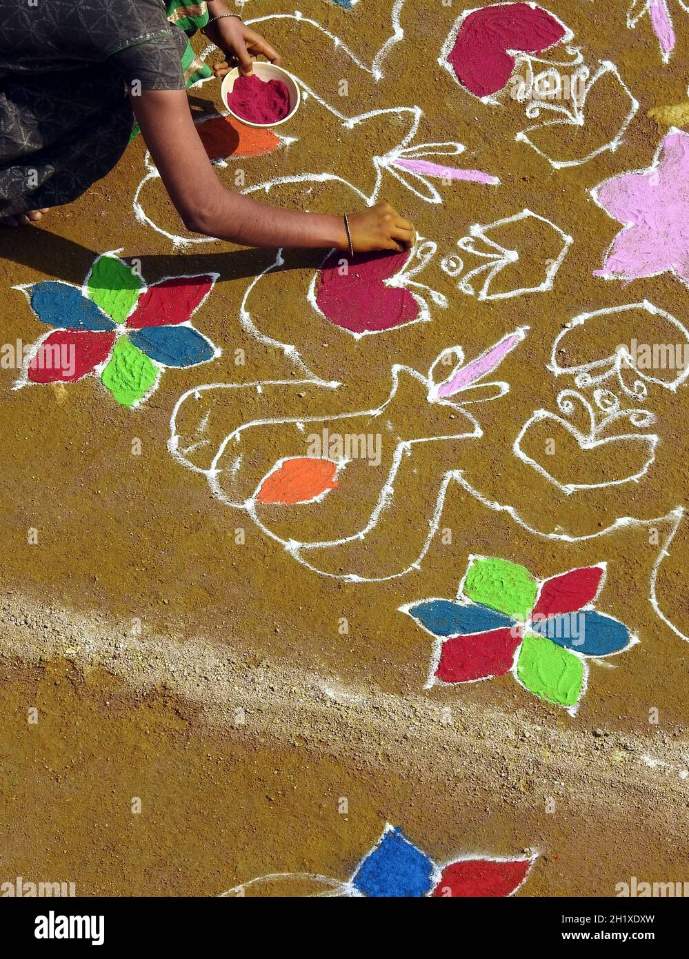 Donna indiana disegnando rangoli di fronte a casa o tempio durante il festival di raccolta, pongal o makar sankranti Foto Stock