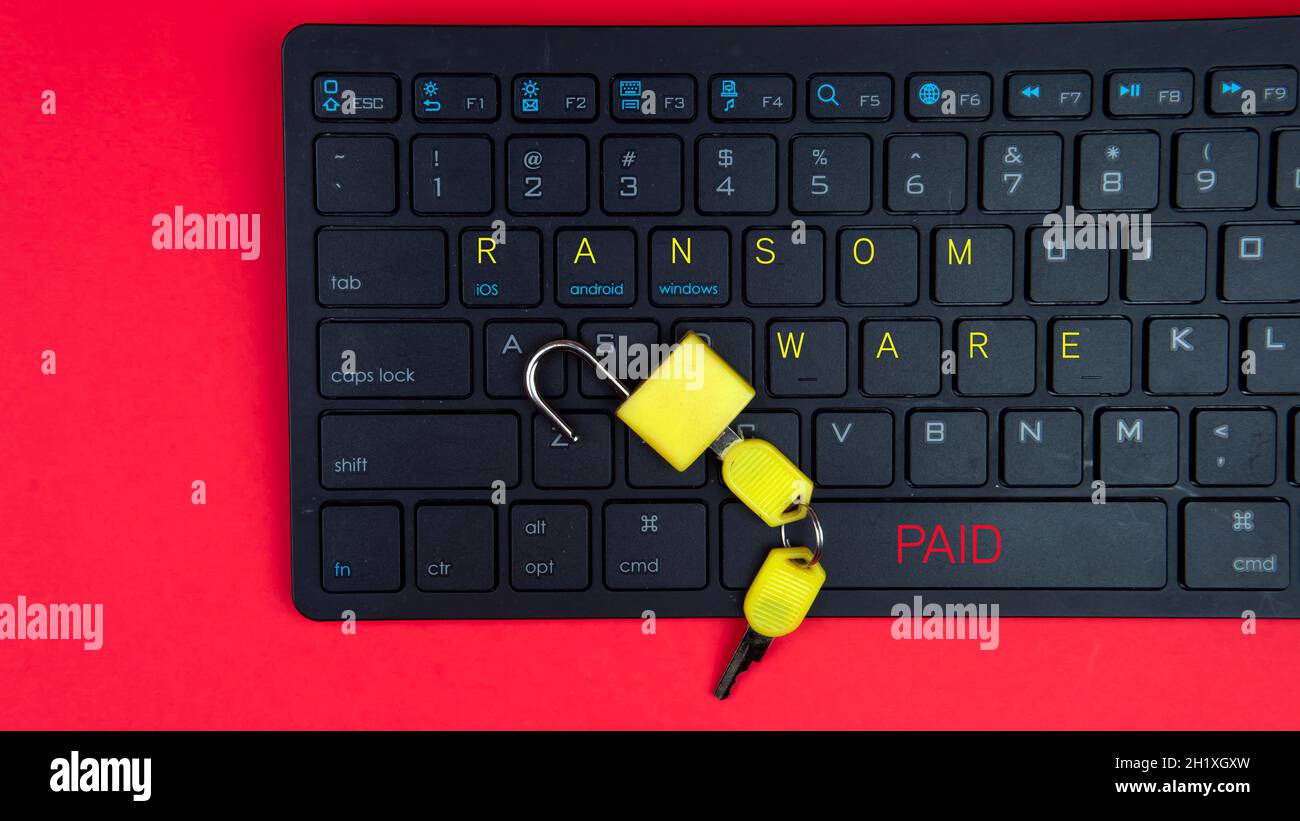 Concetto di protezione e estorsione informatica. Il virus ransomware ha cifrato i dati nel laptop. L'hacker offre la chiave per sbloccare i dati criptati per soldi. Foto Stock