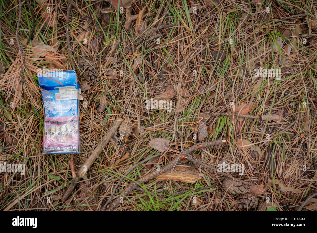 13 luglio 2020 Tomsk, Russia: Spazzatura in un parco Foto Stock
