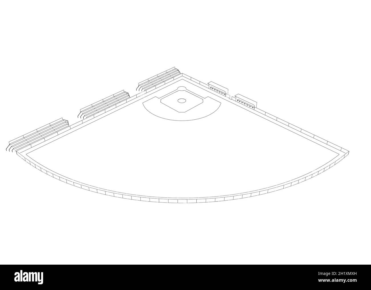 Campo da baseball contorno da linee nere isolato su sfondo bianco. Illustrazione vettoriale. Illustrazione Vettoriale