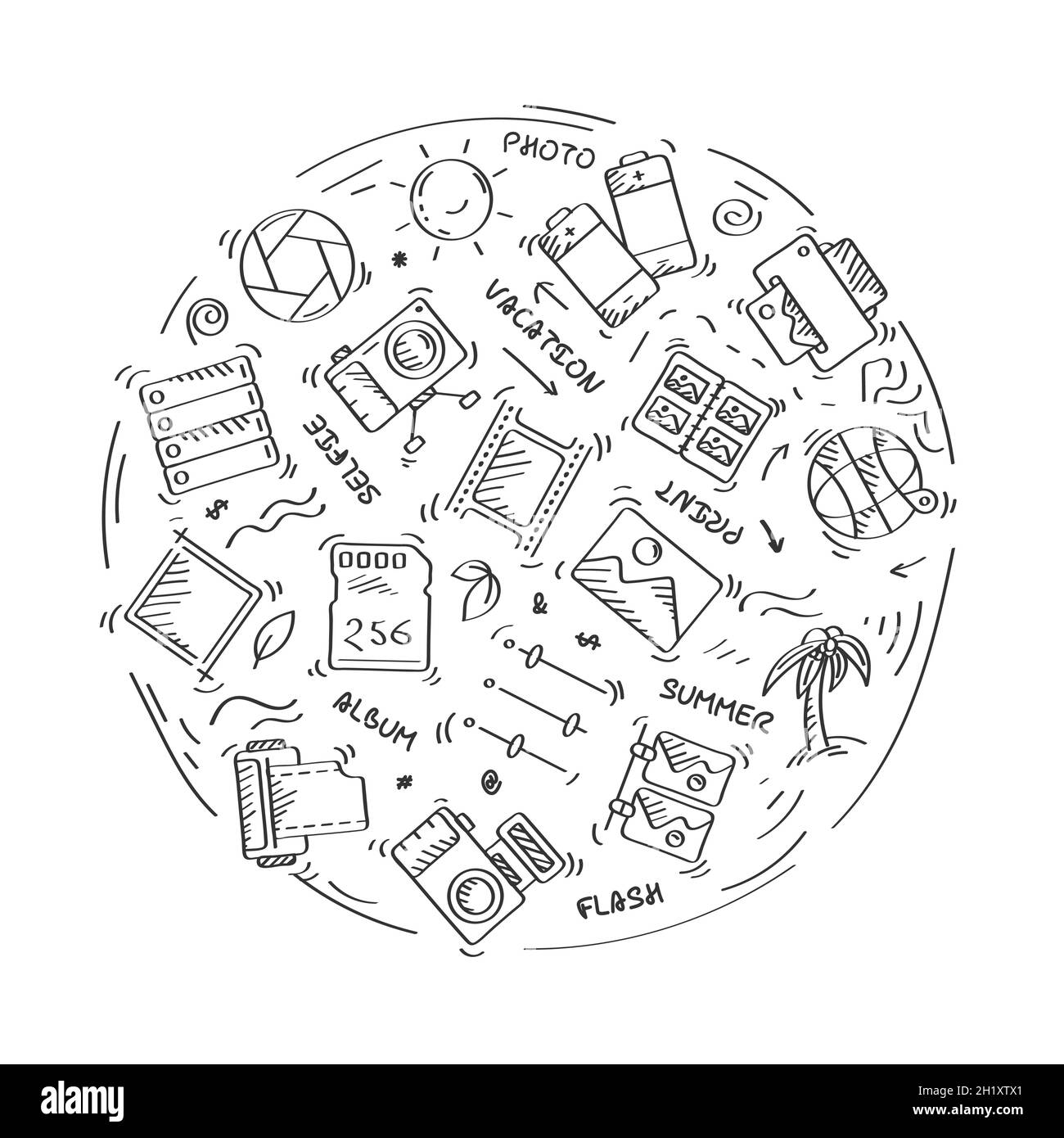 Insieme di icone lineari. Apparecchiature per la fotografia e la lavorazione del film. Stampa di foto completate. Fotocamera, pellicola, scheda di memoria, obiettivo. Vettore lineare Illustrazione Vettoriale