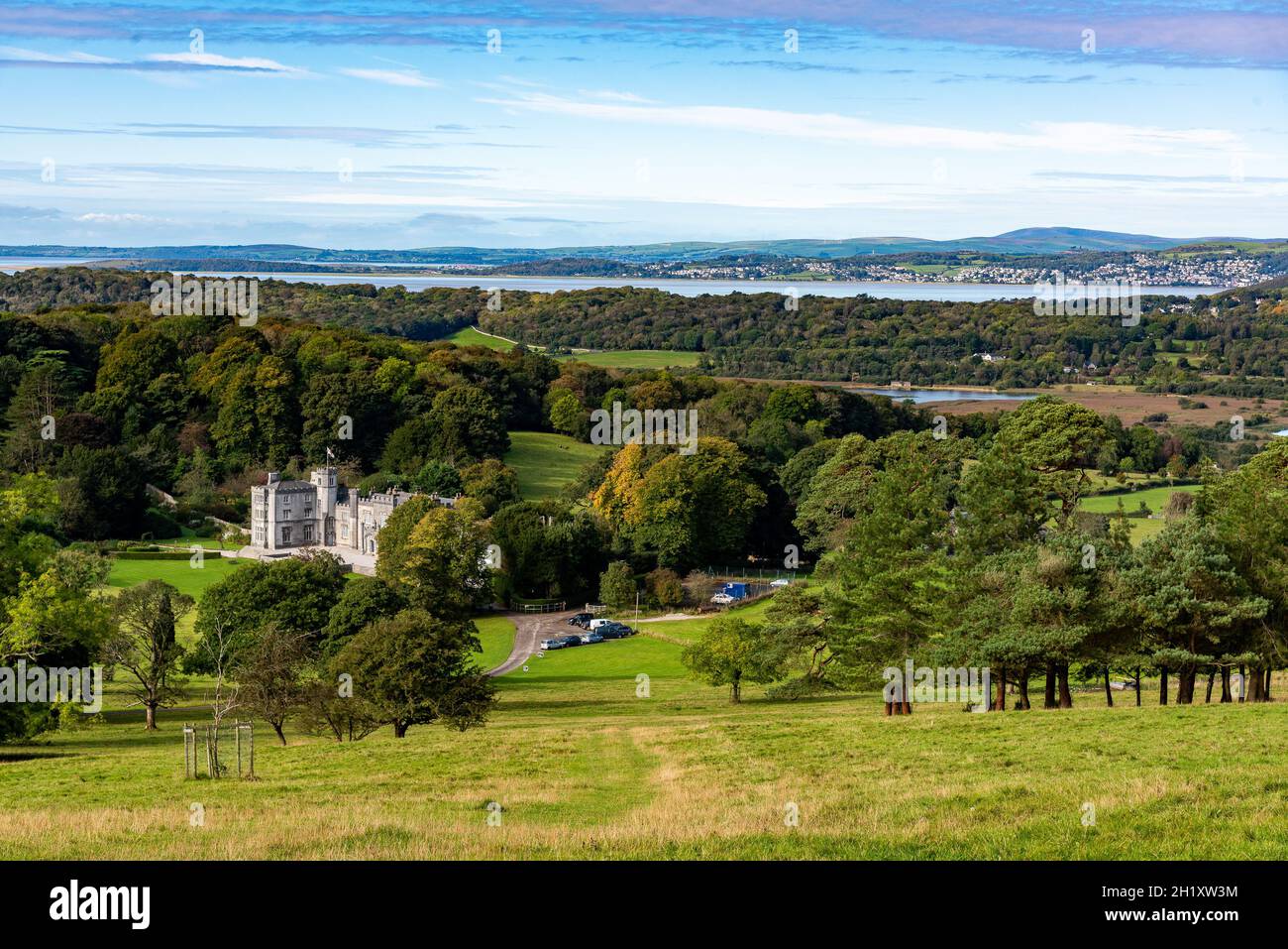 Vista su Leighton Hall, Carnforth, Lancashire, Regno Unito Foto Stock