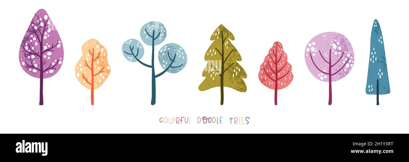 Incantevoli alberi colorati disegnati a mano, sfondo autunnale, divertente elemento di design noodle Illustrazione Vettoriale