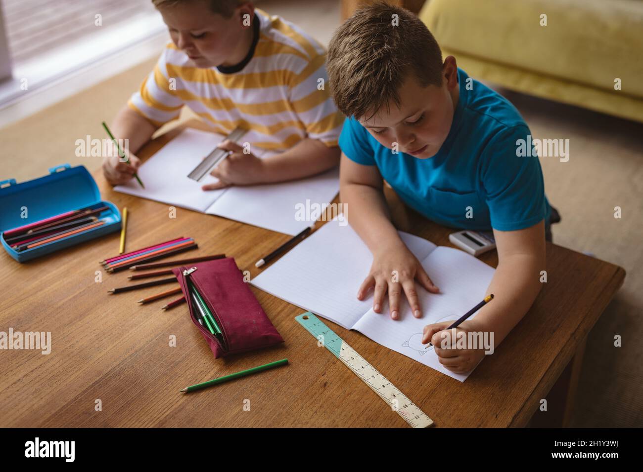Due ragazzi caucasici che disegnano nei loro libri seduti nel soggiorno di casa Foto Stock