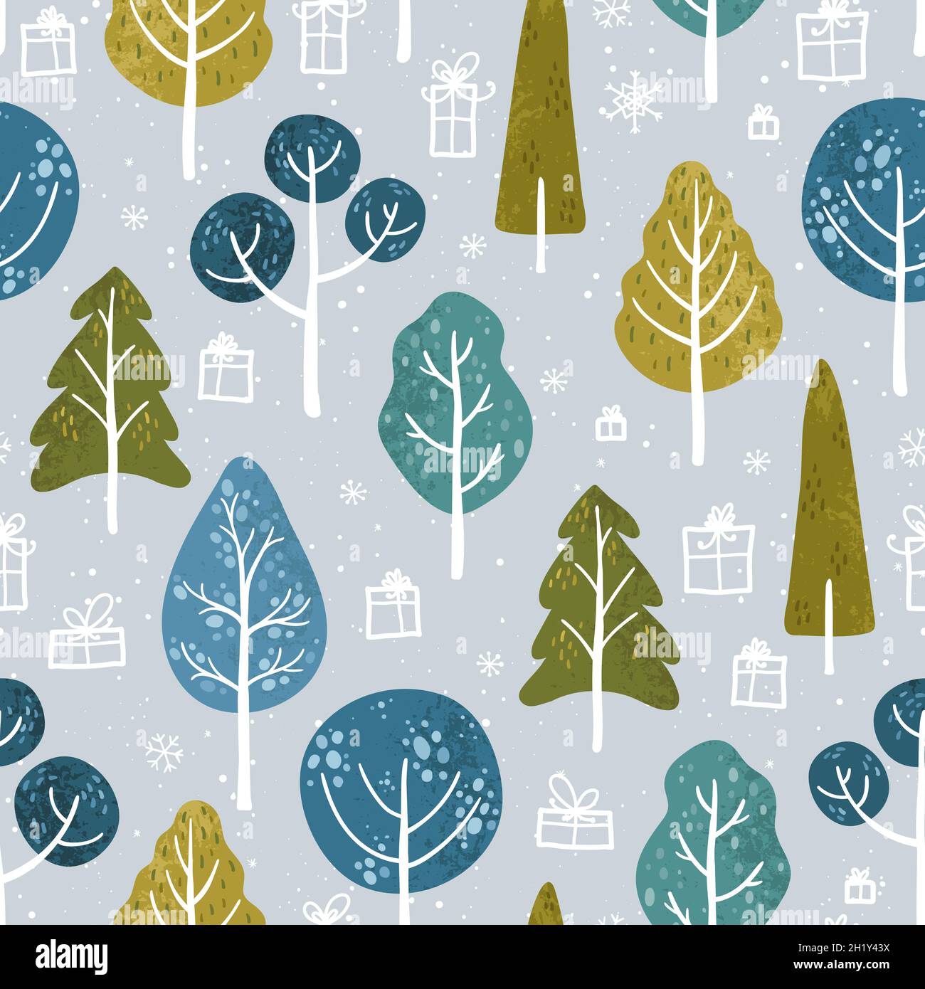 Splendidi alberi colorati disegnati a mano, tema invernale, legno di doodle con scatole regalo e fiocchi di neve - ottimo per tessuti, striscioni, confezioni, sfondi - vecto Illustrazione Vettoriale