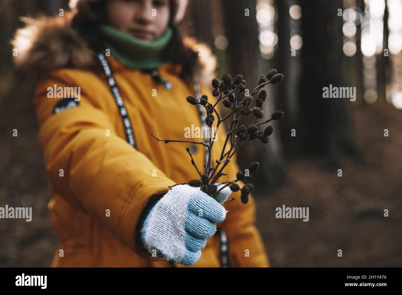 Una ragazza in una giacca arancione calda tiene un ramo asciutto. Bouquet stagionale autunnale. Messa a fuoco soft. Mani in guanti caldi in maglia primo piano. Tonalità vintage. Foto Stock