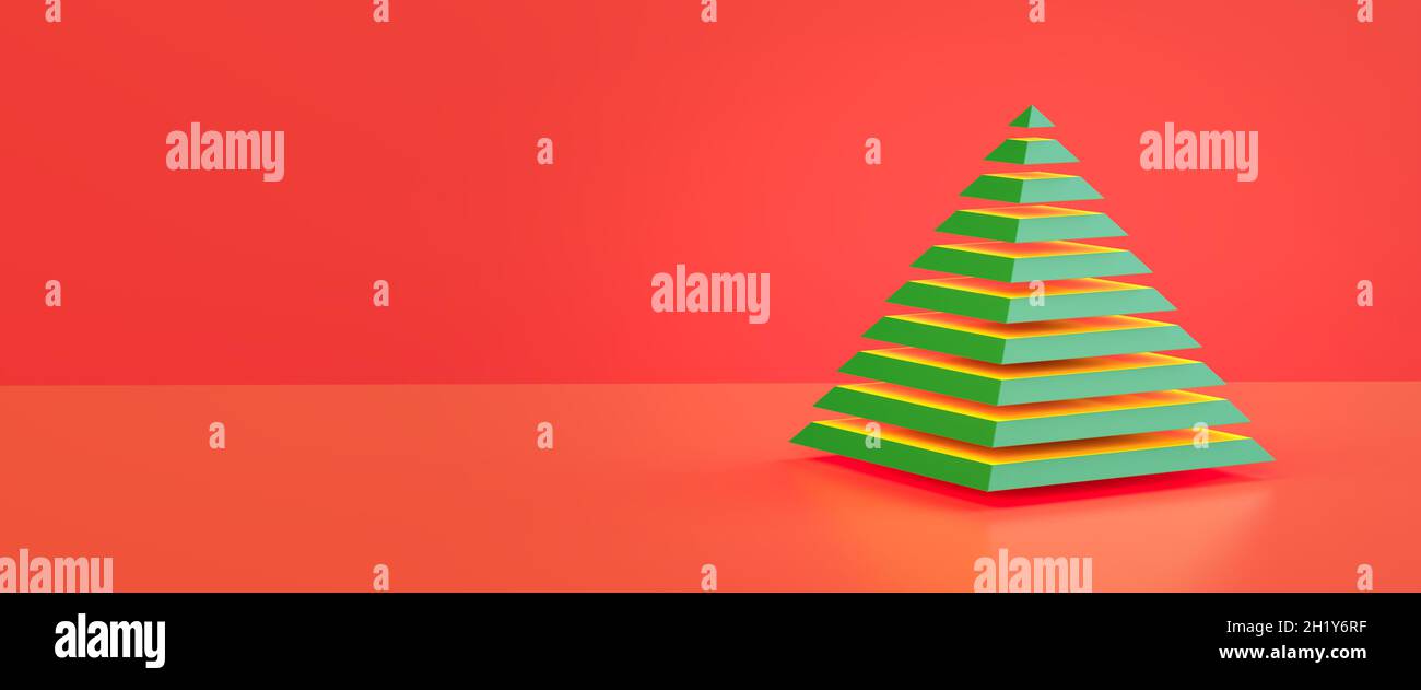 Albero di natale astratto. Una piramide verde tagliata a pezzi che si sovrappone a uno sfondo rosso. Formato banner Web Foto Stock