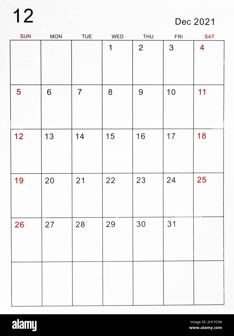 Il modello di calendario di dicembre 2021. Foto Stock