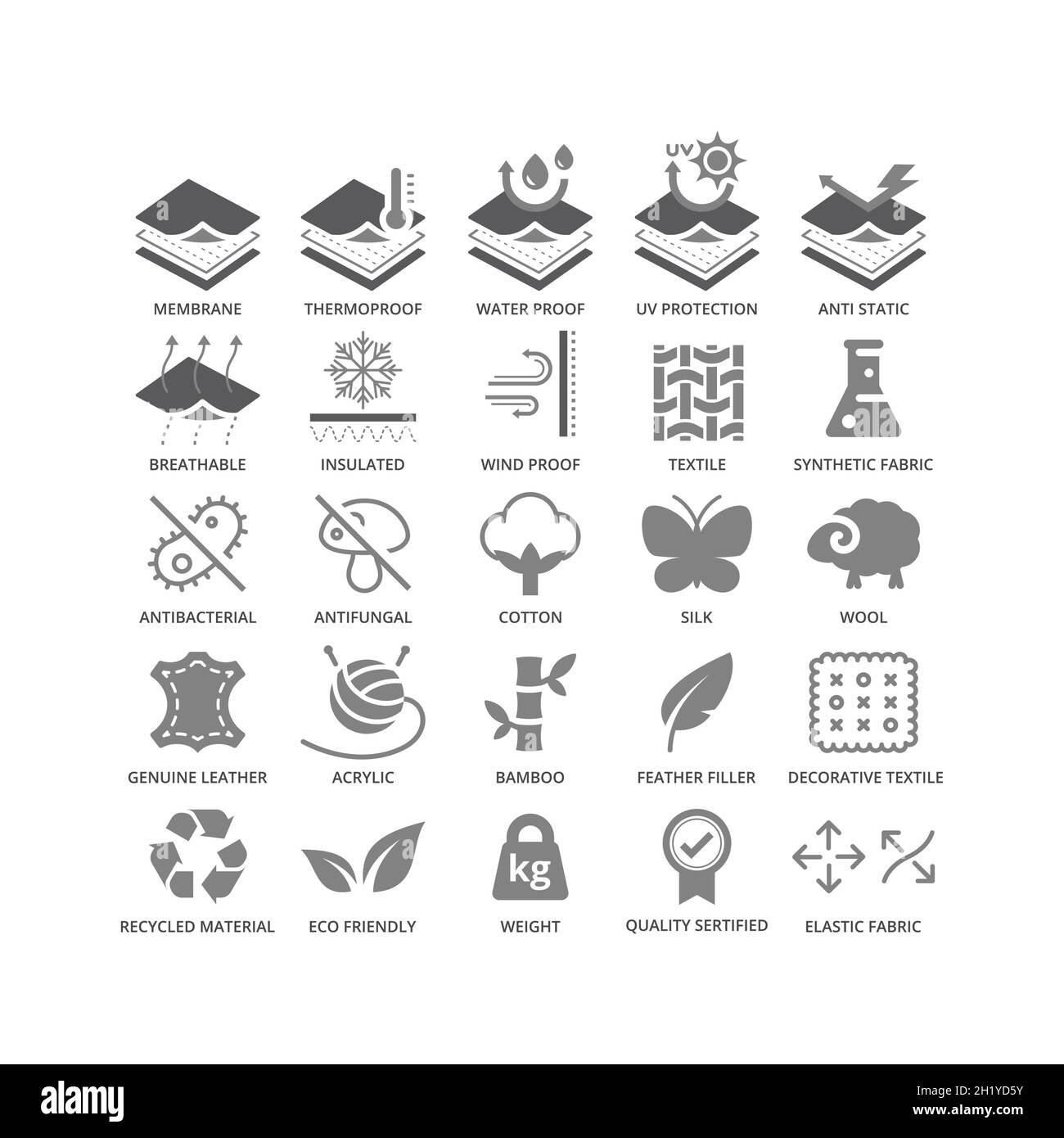 Set di icone vettoriali delle funzioni del materiale del tessuto. Caratteristiche e proprietà dei tessuti simboli glyph neri. Illustrazione Vettoriale