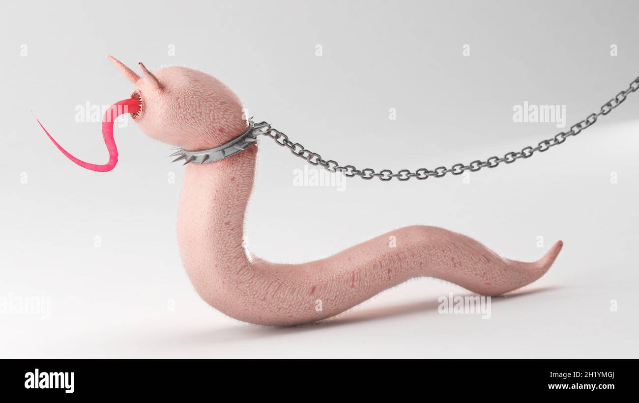 Il design di una creatura spaventosa come il verme sul guinzaglio a catena, il concetto di personaggio di un animale raffigurante in 3d Foto Stock