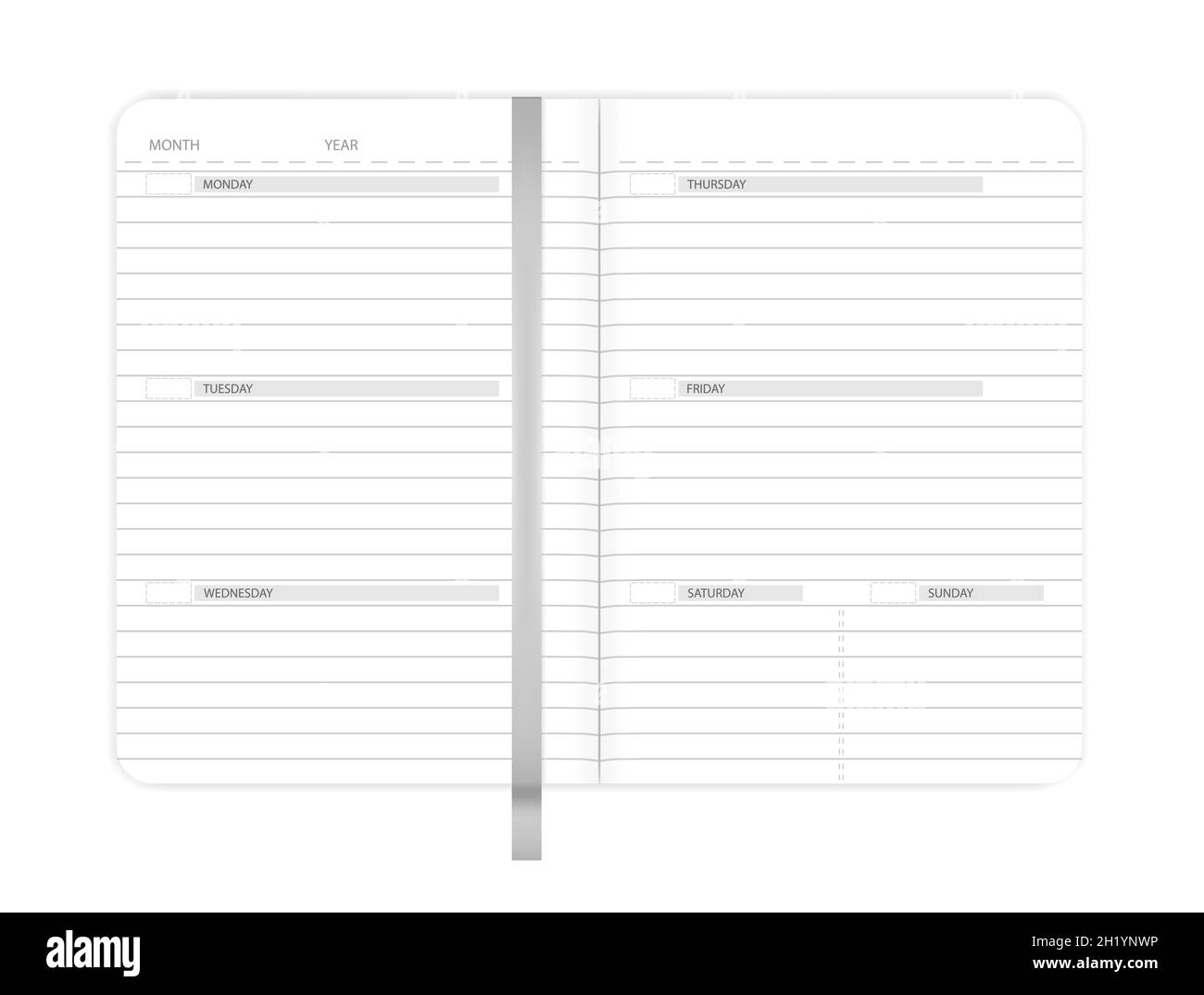 Aprire il notebook con il segnalibro della barra multifunzione. Pianificatore di diario di affari. Modello vettoriale Illustrazione Vettoriale