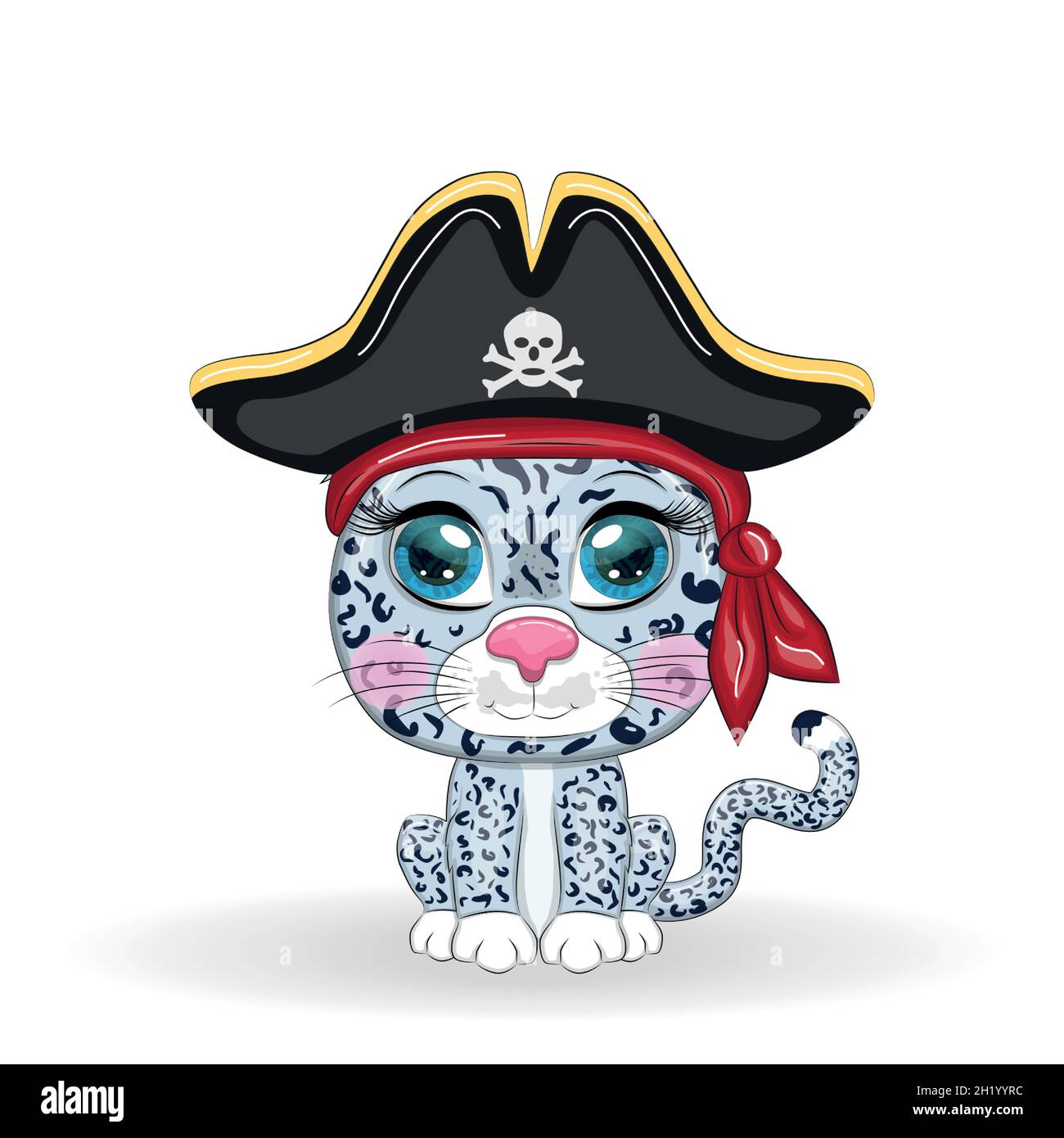 Snow leopard pirata, personaggio cartoon del gioco, gatto selvatico in una bandana e un cappello nascosto con un cranio, con una patch occhio. Carattere con occhi luminosi Illustrazione Vettoriale