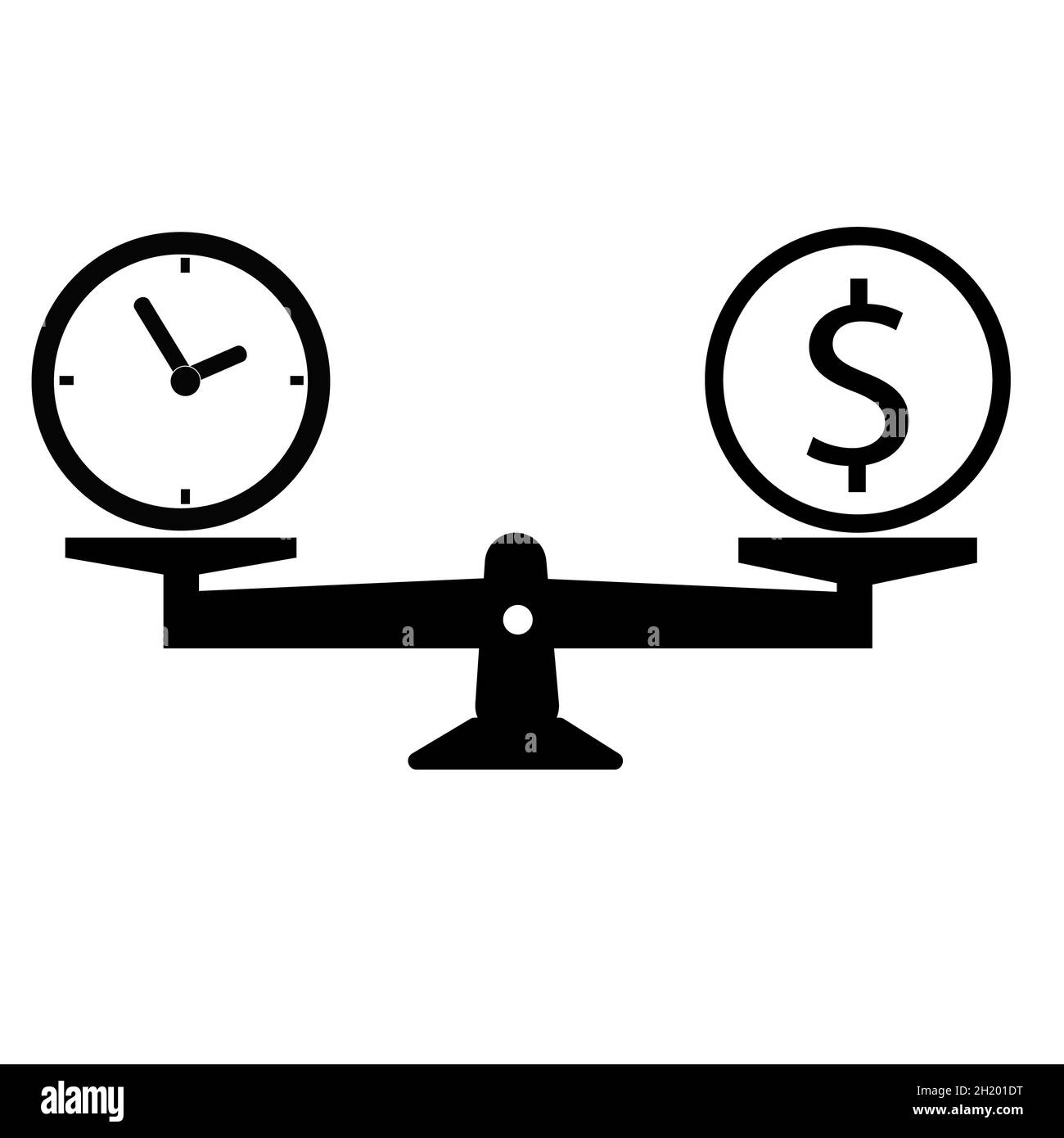 il tempo è denaro su bilancia icona. bilancia bilancia pesando denaro e segno tempo. stile piatto. Foto Stock