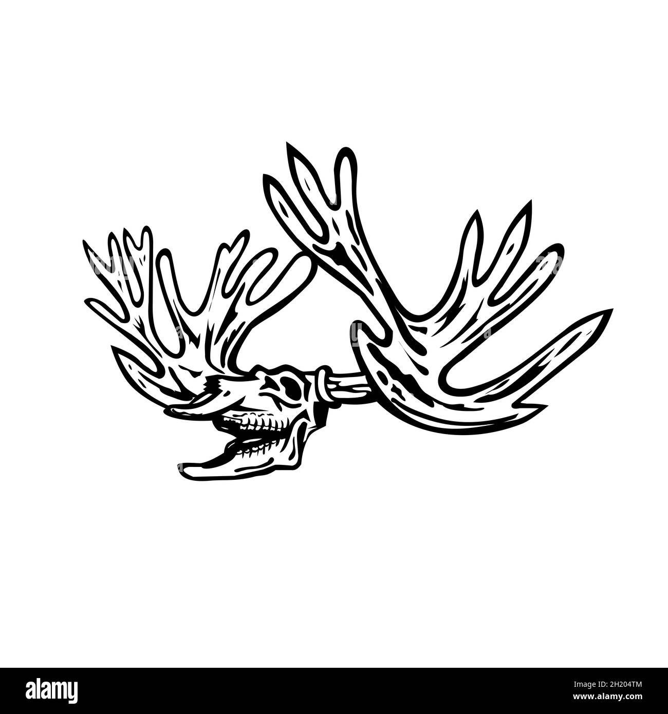 Caribou o cranio renna Skeleton Roaring Vista laterale retro stile nero e bianco Foto Stock