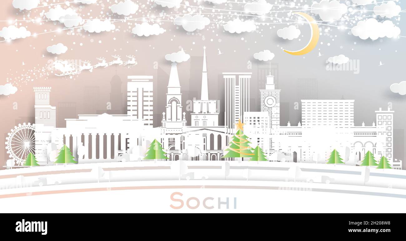 Sochi Russia City Skyline in stile Paper Cut con fiocchi di neve, Luna e Neon Garland. Illustrazione vettoriale. Natale e Capodanno. Babbo Natale Illustrazione Vettoriale