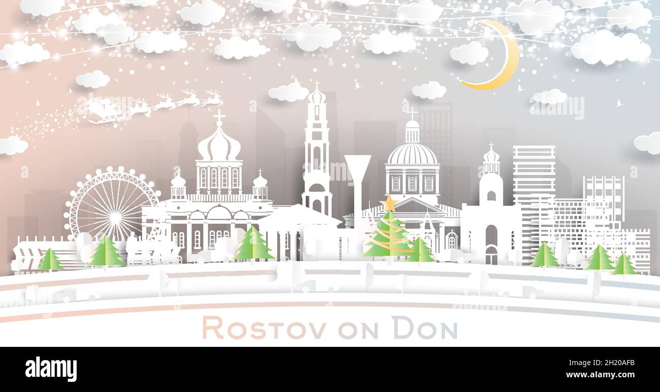 Rostov-on-Don Russia City Skyline in stile Paper Cut con fiocchi di neve, Luna e Neon Garland. Illustrazione vettoriale. Natale e Capodanno. Illustrazione Vettoriale