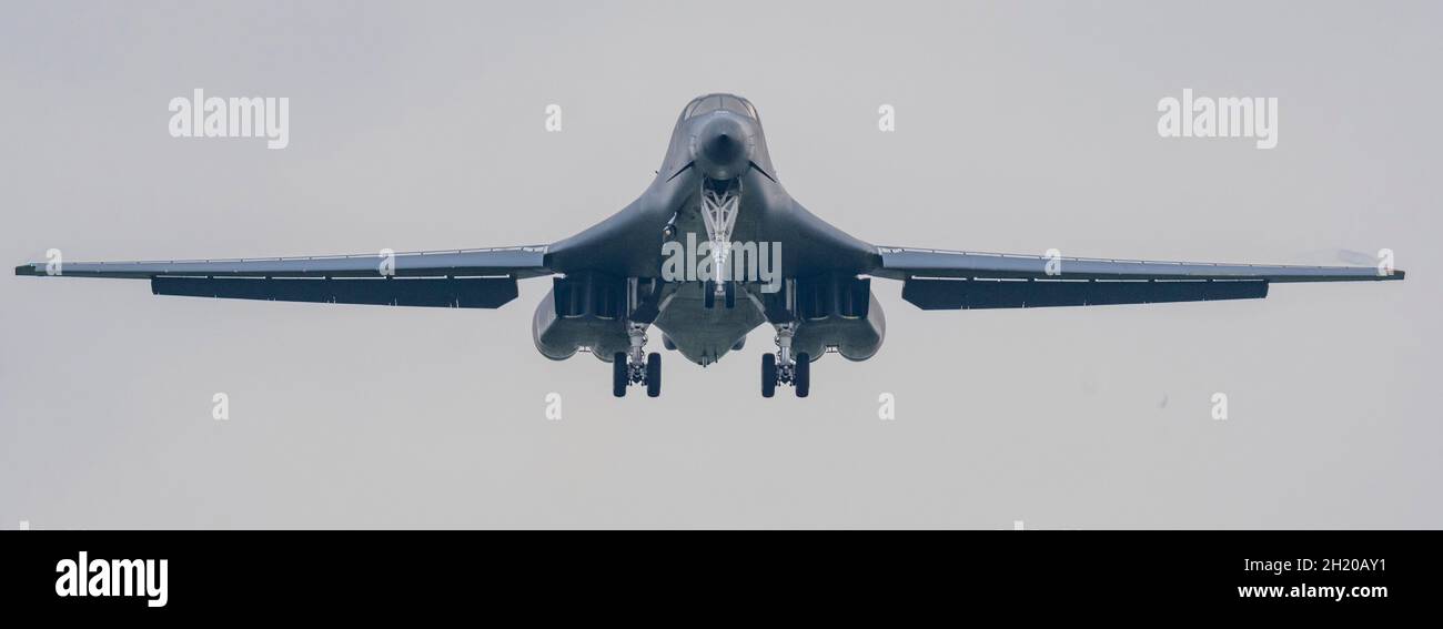 B1 aeromobili Lancer schierati da Dyess, AFB, a Fairford come parte della Bomber Task Force Europe. Gli B1 appartengono allo Squadrone della bomba Expeditionary del 9th Foto Stock